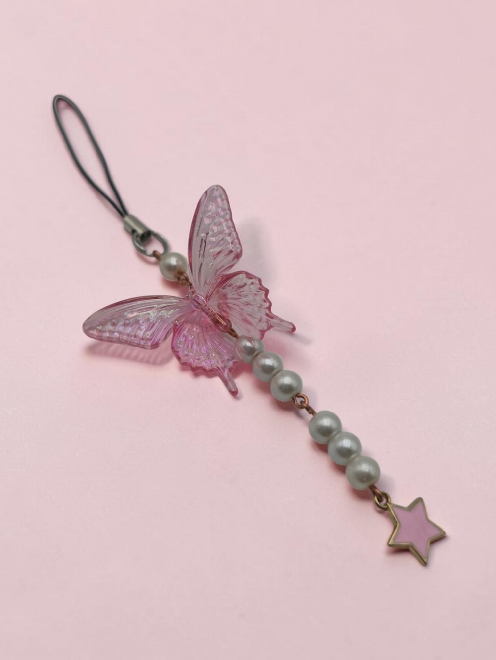 Pink Butterfly Pearl Bead Star Charm Phone Strap – Handmade Accessory